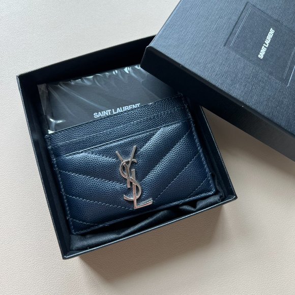 Saint Laurent Matellase Chevron Monogram Card Holder Navy - Picture 4 of 6